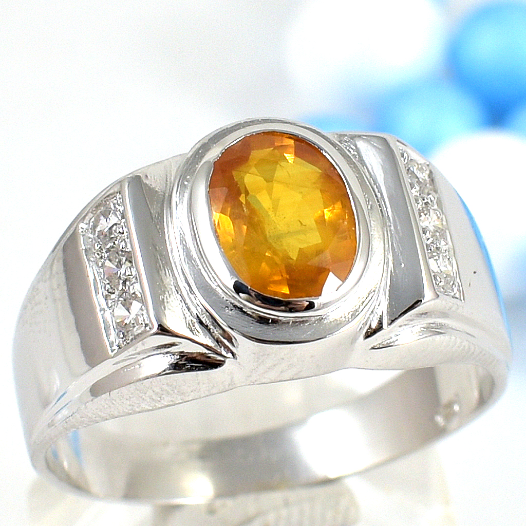 แหวนเงินแท้ราคาถูกชุบทองคำขาว บุษราคัมแท้ 1.55 กะรัต เพชรCZ 0.15 กะรัต งานประณีตสวยงาม สั่งผลิตค่ะ