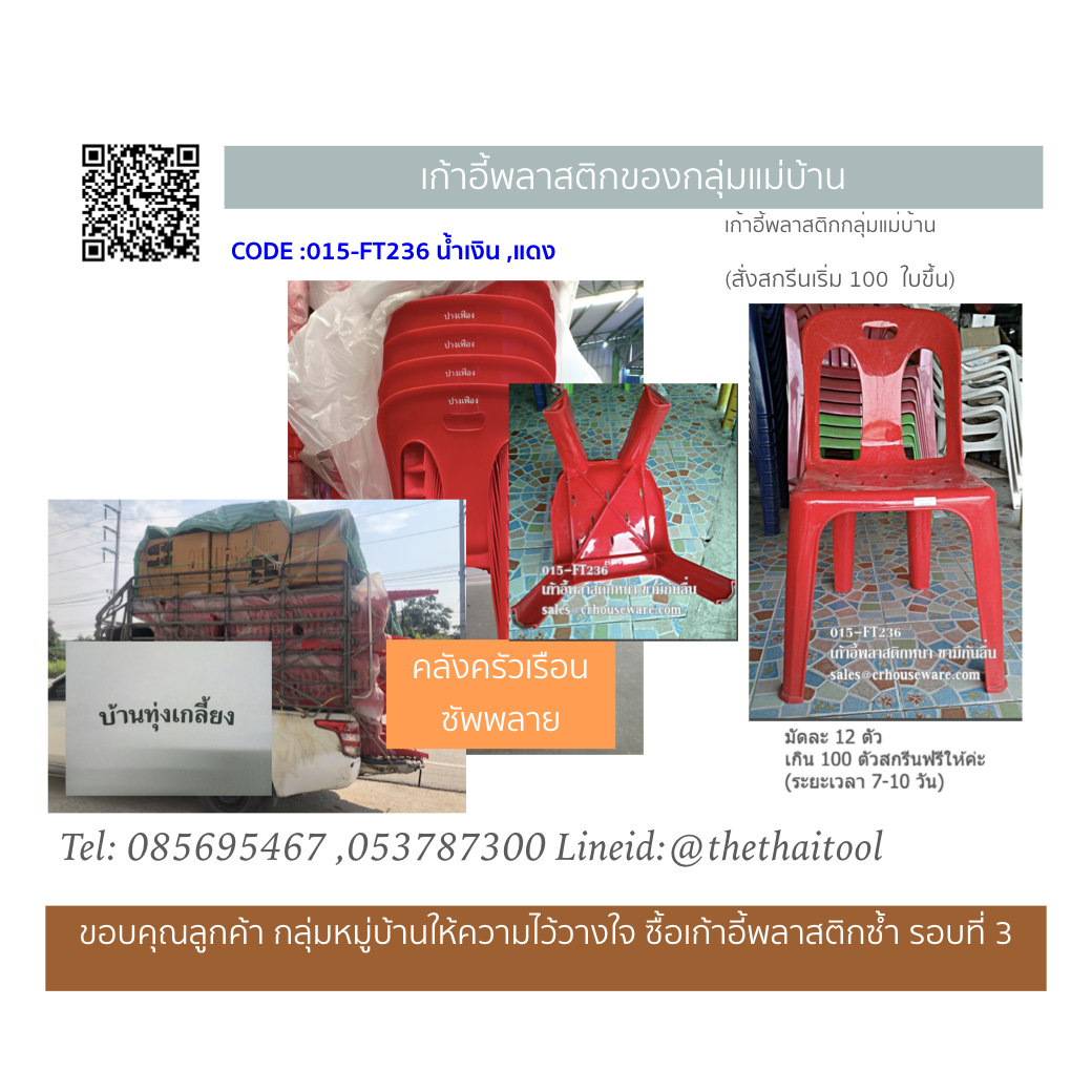 เก้าอี้พลาสติกมีพนักพิง อย่างหนา มียางกันลื่น 015-FT236