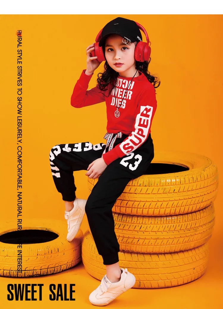 พร้อมส่ง ชุดเต้น ชุดฮิปฮอป สีขาวแขนยาวสีแดง+กางเกง