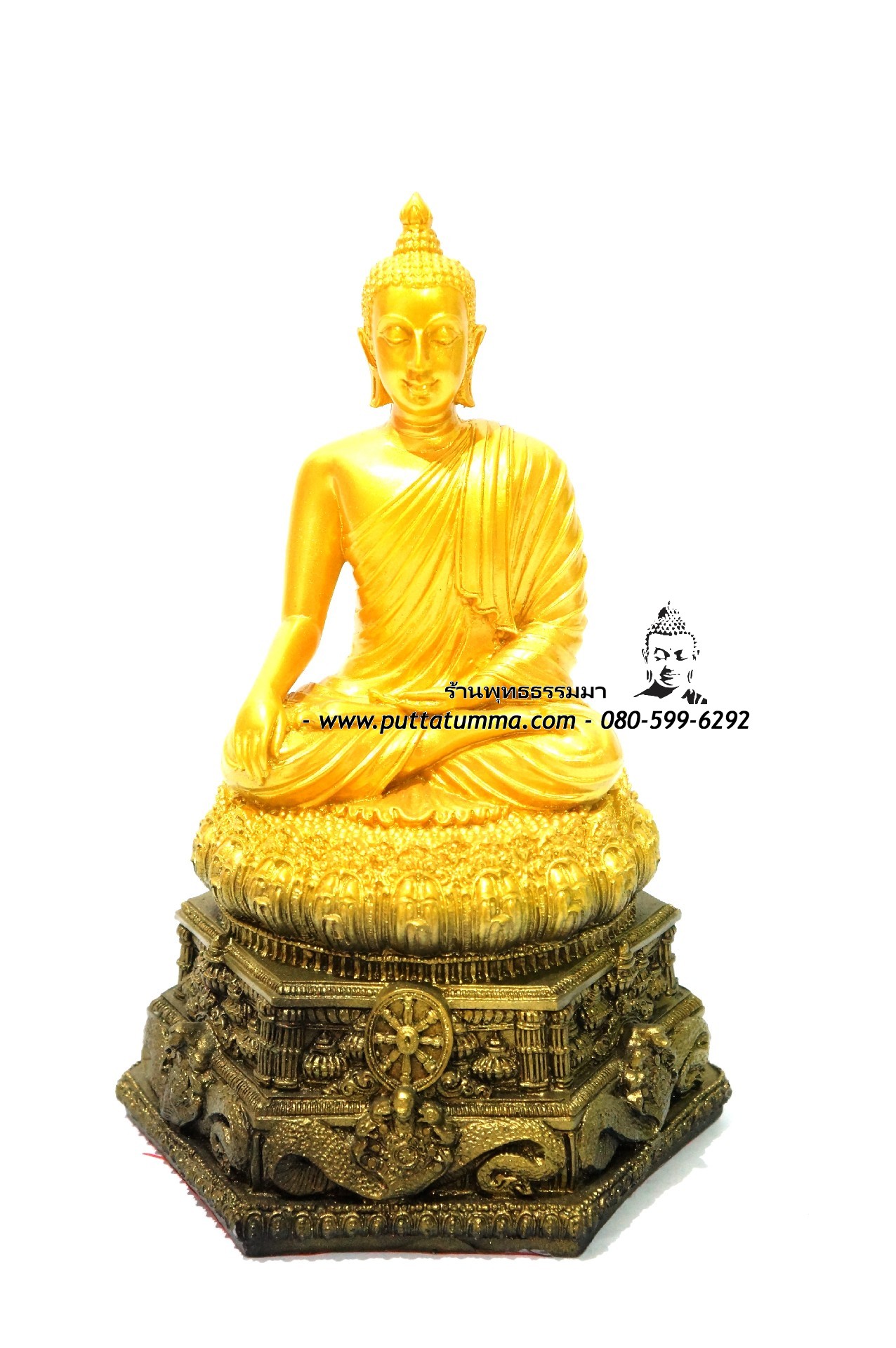 พระพุทธรูปปางมารวิชัย ( ปางสะดุ้งมาร ) สีทอง เนื้อเรซิ่น หน้าตัก 5นิ้ว สูง 12 นิ้ว