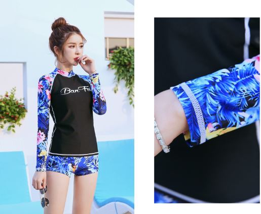 พร้อมส่ง ชุดว่ายน้ำ เซ็ตแขนยาวลายดอก +กางเกงขาสั้น