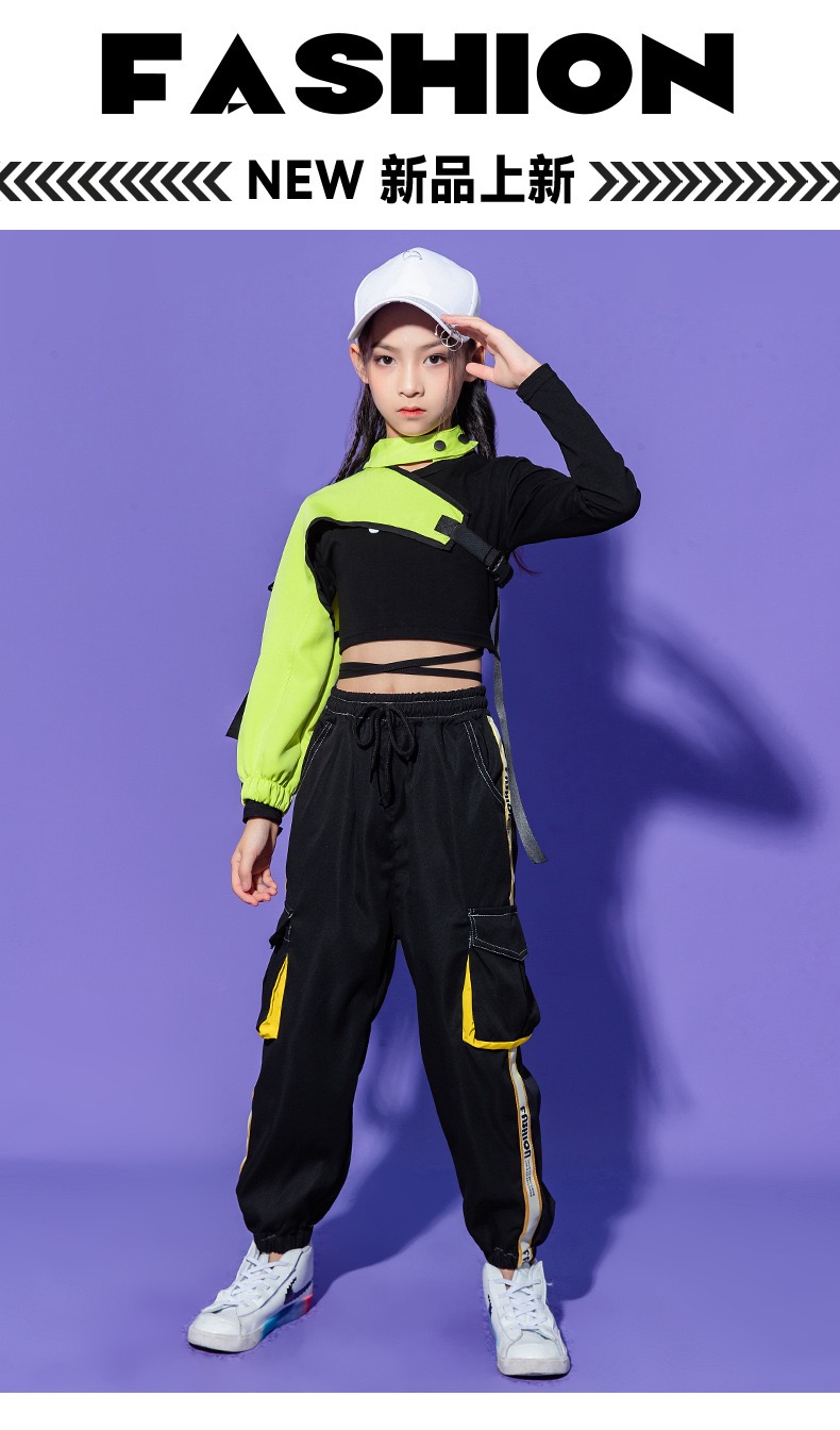 ชุดเต้น ชุดแดนซ์ ฮิปฮอป สีนีออน เสื้อสีดำ กางกงดำ