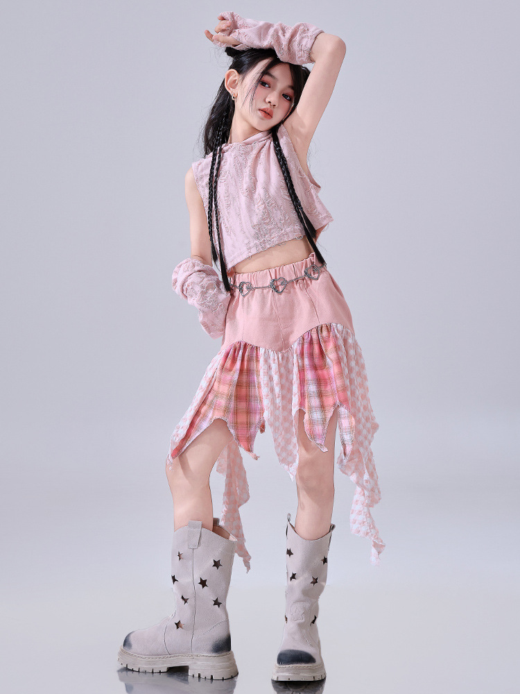 สินค้าพร้อมส่ง ชุดเต้น เซ็ตเสื้อชมพู+กระโปรง/กางเกง