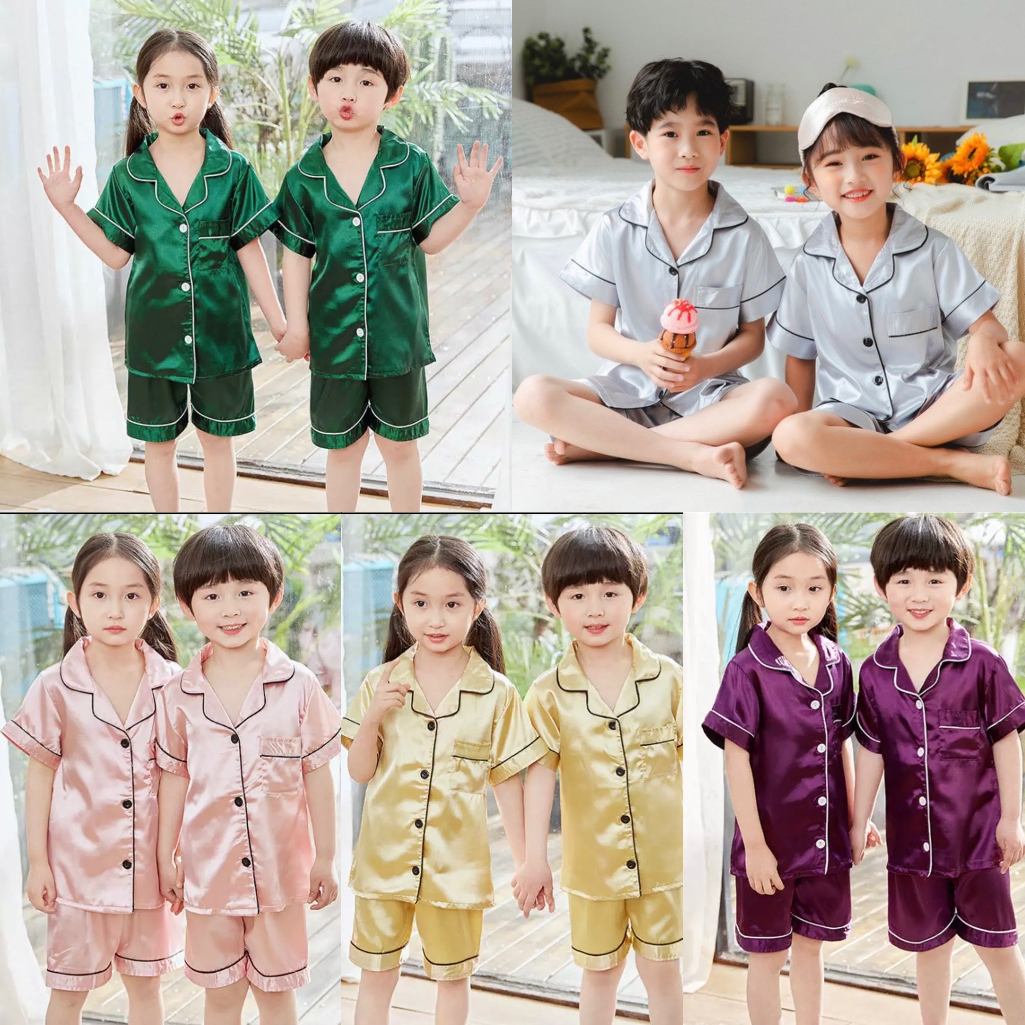 พร้อมส่ง ชุดนอนเด็ก ชุดนอนซาติ เซ็ท2ชิ้น เสื้อแขนสั้น+กางเกงขาสั้น