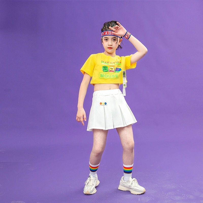 พร้อมส่ง***ชุดเต้น ชุดเชียร์เซ็ตชายหญิง เสื้อแขนสั้นส้ม เหลือง+กระโปรง/กางเกง