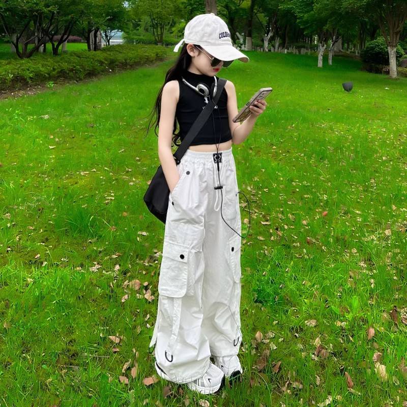 พร้อมส่ง กางเกงเด็ก คาร์โก้ สไตล์ Y2K ขากระบอกสีพื้น