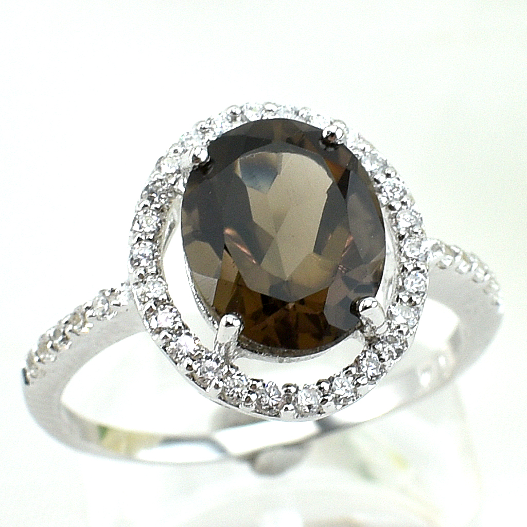 แหวนเงินแท้ราคาถูกชุบทองคำขาว พลอยแท้สโมกกี้ควอทซ์ 2.45 กะรัต เพชรCZ 0.38 กะรัต งานประณีตสวยงาม สั่งผลิตค่ะ