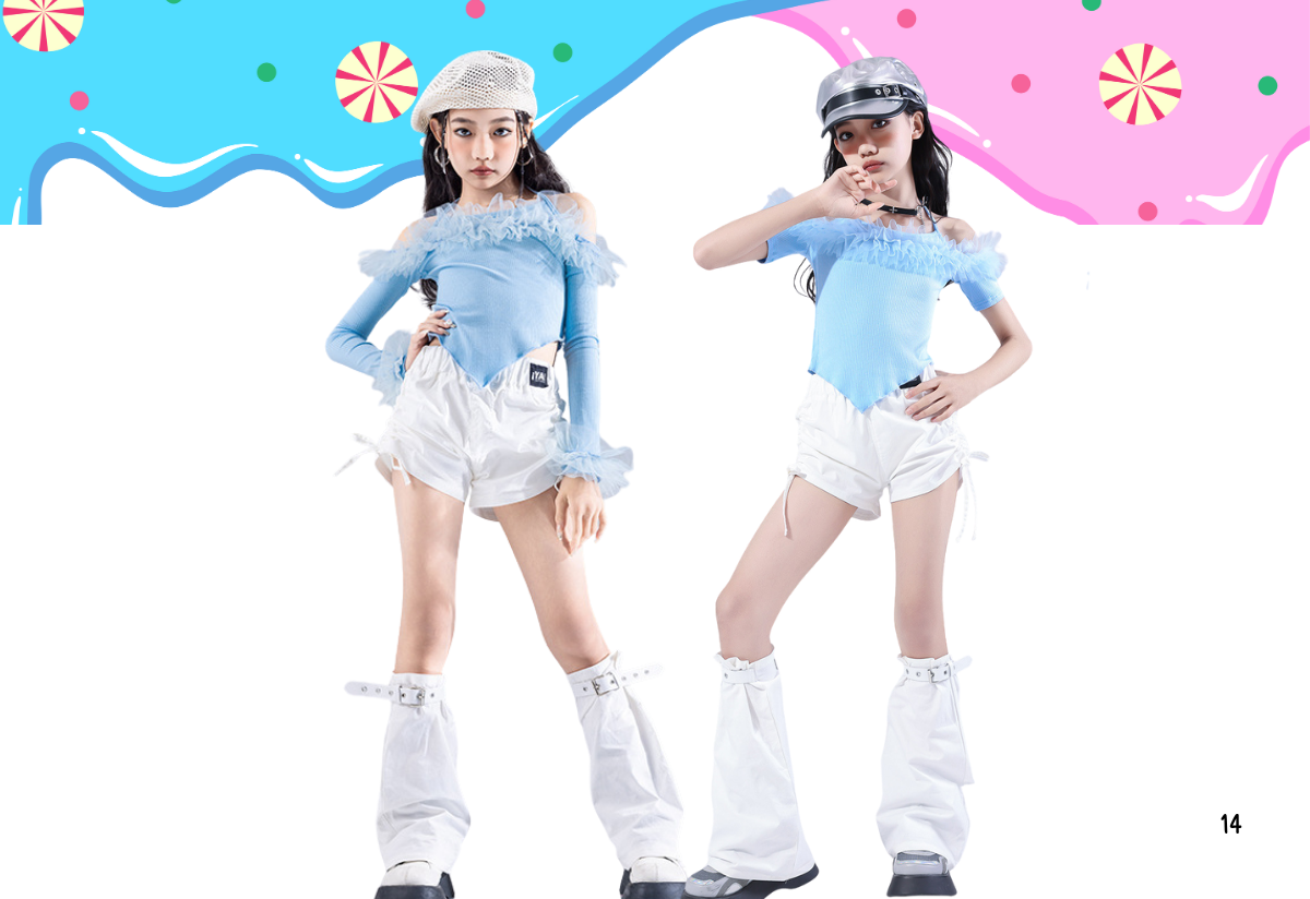 พร้อมส่ง ชุดเต้นเด็กผู้หญิง แฟชั่นเกาหลี สีฟ้าขาว สไตล์ K-pop ฮิปฮอป แขนเปิดไหล่ + กางเกงขาสั้น พร้อมปลอกขา