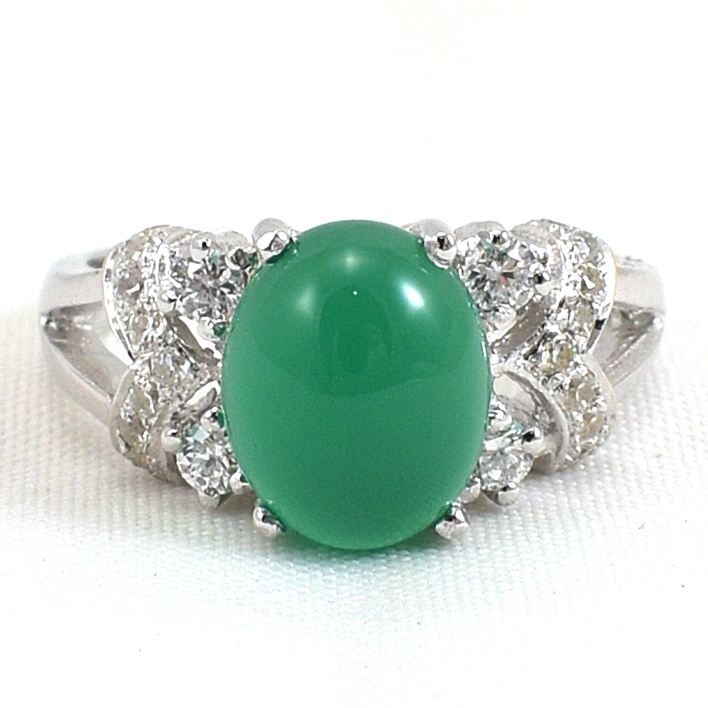 แหวนเงินแท้ราคาถูกชุบทองคำขาว พลอยแท้กรีนอะเกท 2.25 กะรัต เพชรCZ 0.286 กะรัต งานประณีตสวยงาม สั่งผลิตค่ะ