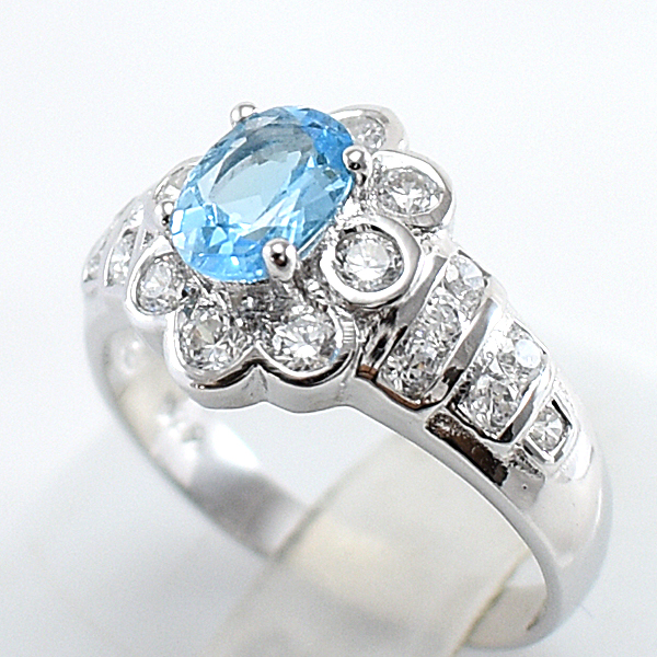 แหวนเงินแท้ราคาถูกชุบทองคำขาว สวิสบลูโทปาซแท้ 1.0 กะรัต เพชรCZ 0.60 กะรัต งานประณีตสวยงาม สั่งผลิตค่ะ