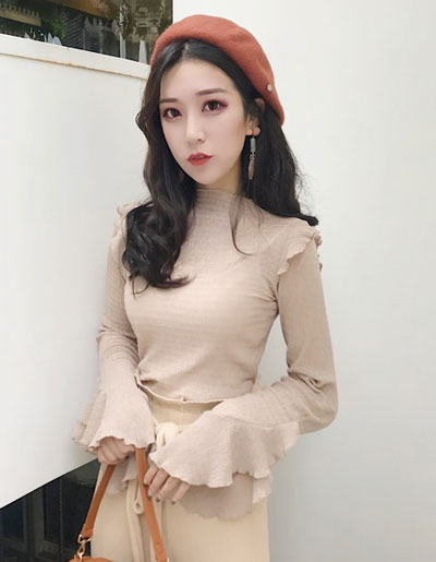 เสื้อแฟชั่นสีแอปริคอตแต่งแขนเรเย่อร์สวยเก๋สไตล์เกาหลี รหัส 1761