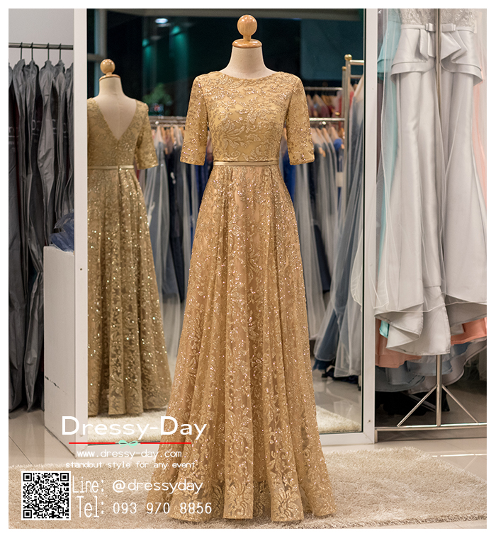รหัส ชุดราตรี : PFL047A ชุดราตรียาว มีแขน อลังสุดๆ สีทอง ใส่ออกงานบายเนียร์ งานพรอม ไปงานแต่งงานกลางคืน งานเดินพรหมแดง งานกาล่าดินเนอร์