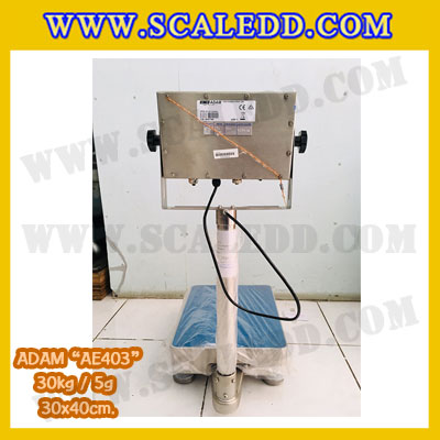 เครื่องชั่งดิจิตอลกันน้ำ รุ่น AE403 30kg x 5g ครื่องชั่งตั้งพื้นสแตนเลส30กิโล เครื่องชั่งน้ำหนัก30kg ตาชั่งกันน้ำ30kg แท่นชั่งขนาด30x40cm เครื่องชั่งน้ำหนัก30kg ความละเอียด 5g ยี่ห้อ ADAM รุ่น AE403