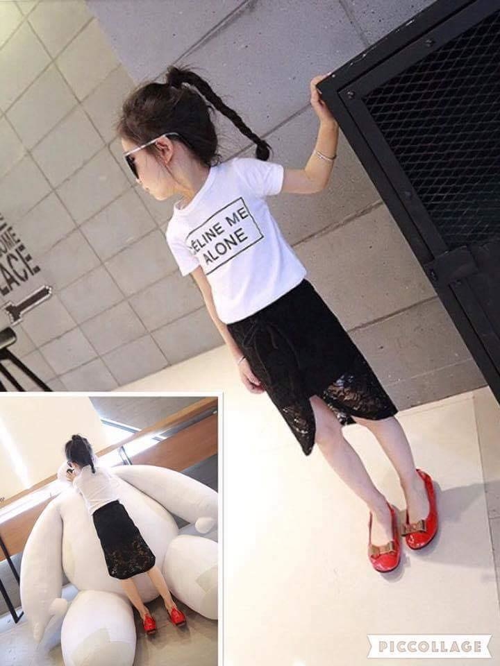 กระโปรงเด็ก ผ้าลูกไม้สีขาว - สีดำ