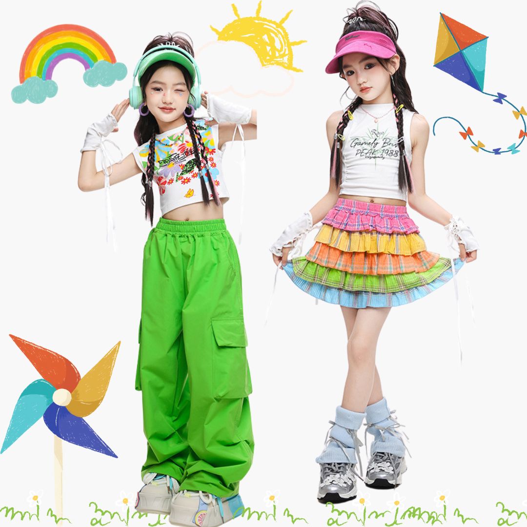 สินค้าพร้อมส่ง ***ชุดเต้น แขนกุดสีขาว+ปลอกแชย+กระโปรงระบายชั้นสีรุ้ง