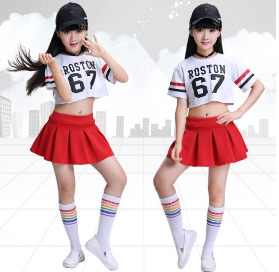 ชุดเต้น ชุดแดนซ์ เสื้อสีขาวลาย 67 +กระโปรงแดง/กางเกงแดง