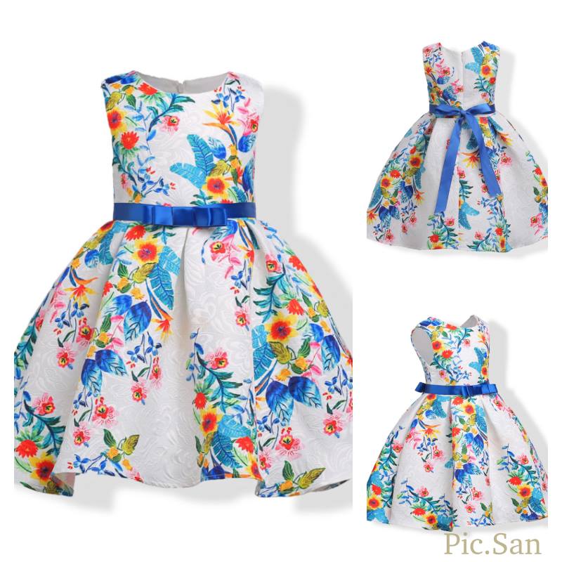 ชุดเด็ก : ชุดออกงาน สีขาวแขนกุด ลายดอกสีฟ้า