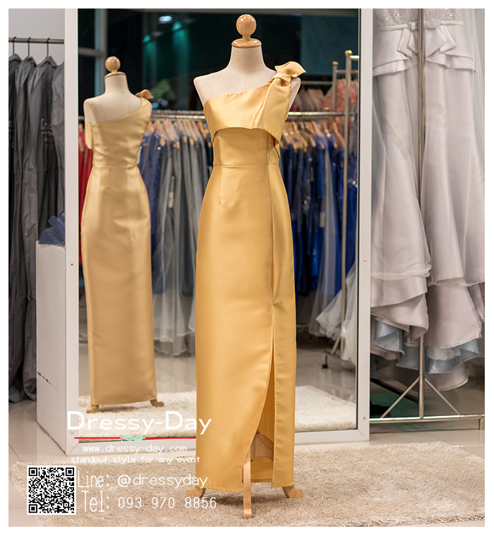 รหัส ชุดราตรียาวคนอ้วน : PK008 ชุดแซก ชุดราตรียาวมีแขน หรู สีทอง ไหล่เดียว ผ้าไหม เรียบหรู เหมาะสำหรับงานแต่งงาน งานกลางคืน กาล่าดินเนอร์