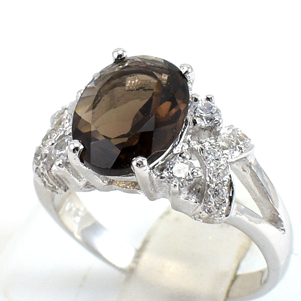 แหวนเงินแท้ราคาถูกชุบทองคำขาว พลอยแท้สโมกกี้ควอทซ์ 2.25 กะรัต เพชรCZ 0.43 กะรัต งานประณีตสวยงาม สั่งผลิตค่ะ