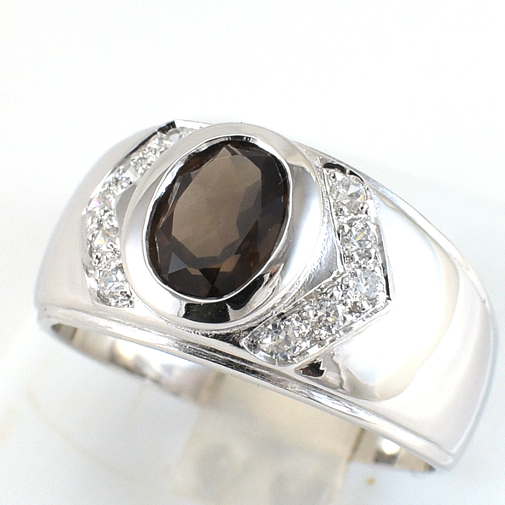 แหวนเงินแท้ราคาถูกชุบทองคำขาว พลอยแท้สโมกกี้ควอทซ์ 1.60 กะรัต เพชรCZ 0.30 กะรัต งานประณีตสวยงาม สั่งผลิตค่ะ