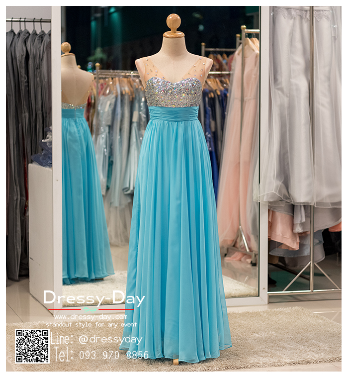 รหัส ชุดราตรี : BB028 ชุดราตรียาวผ้าชีฟองหรู เดรสออกงานประดับกริตเตอร์ ชุดไปงานแต่ง สีฟ้า