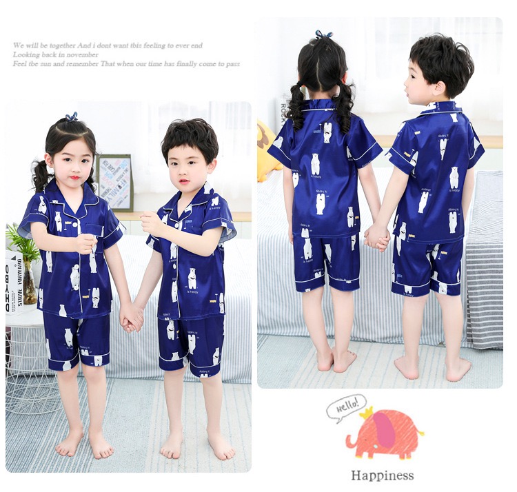 ชุดนอนเด็ก ชุดนอนผ้าซาติน แขนสั้น แบบมีลาย