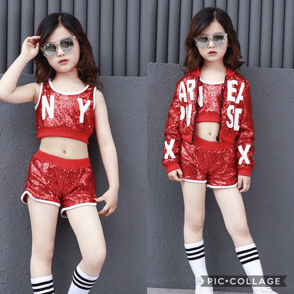 พร้อมส่ง ชุดเซ็ต ชุดแดนซ์ เซ็ต 3 ชิ้น รวมแจ็คเก็ต สีแดง