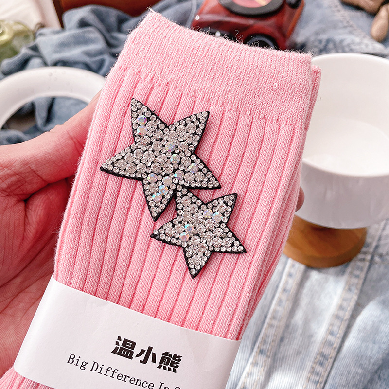 พร้อมส่ง ถุงเท้ายาว ตกแต่งด้วยดาว ปักเพชรเงิน สายห้อย