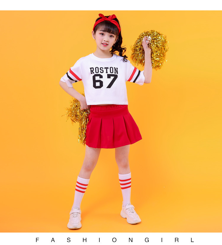 ชุดเต้น ชุดแดนซ์ เสื้อสีขาวลาย 67 +กระโปรงแดง/กางเกงแดง