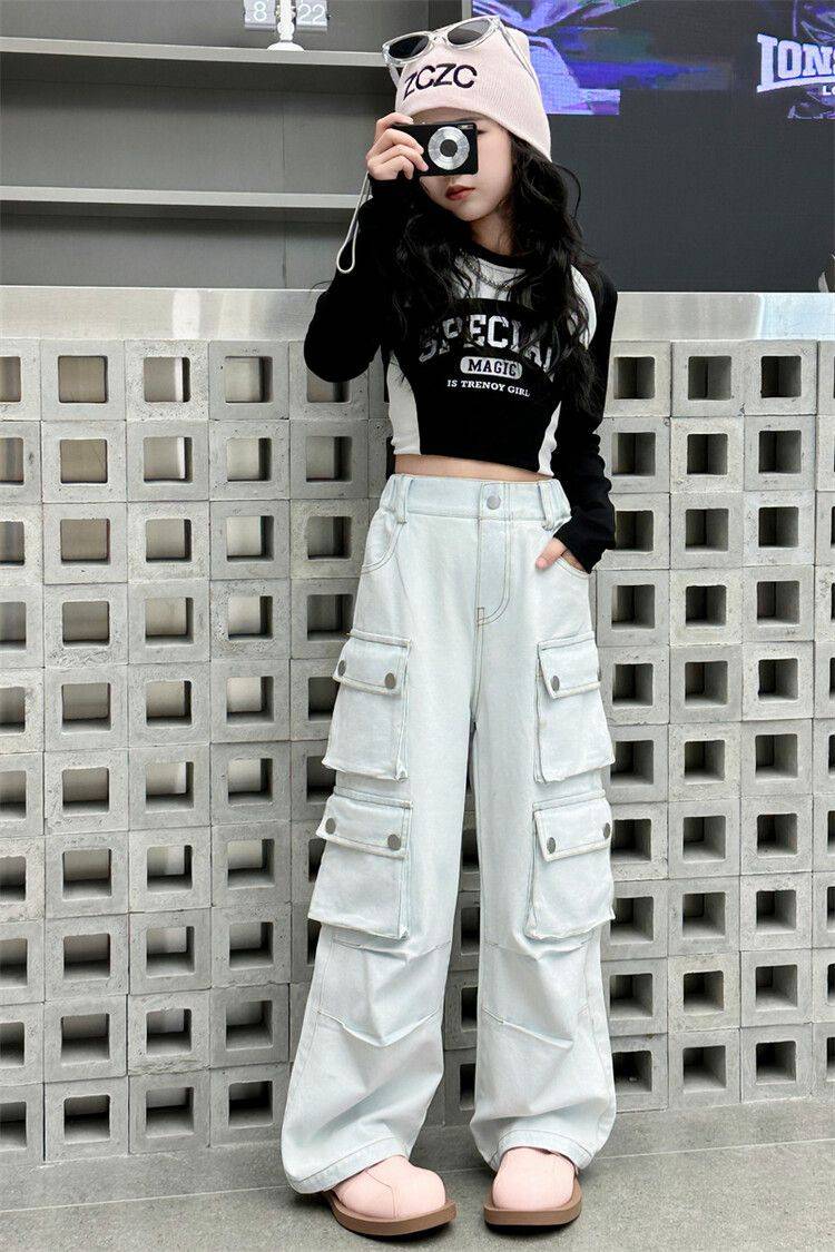 พร้อมส่ง กางเกงยีนส์เด็ก คาร์โก้ แต่งกระเป๋า สไตล์ Y2K