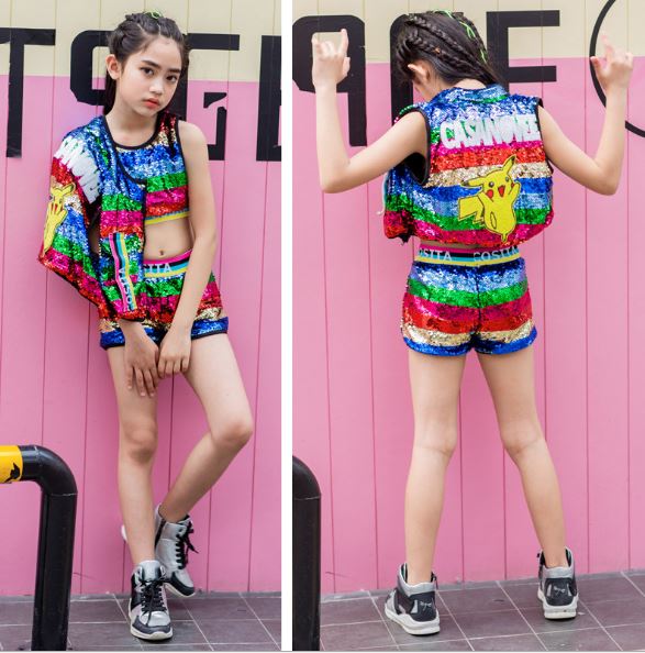 ชุดเต้น ชุดการแสดง เซ็ตแขนกุด ปักเลื่อม ลายตุ๊กตา สีรุ้ง