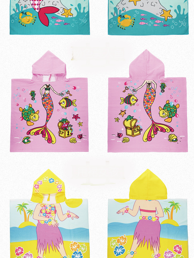 ผ้าคลุมว่ายน้ำ เรียนว่ายน้ำ แบบผ้าขนหนู สวมหัว ลายเด็กหญิง**พร้อมส่ง