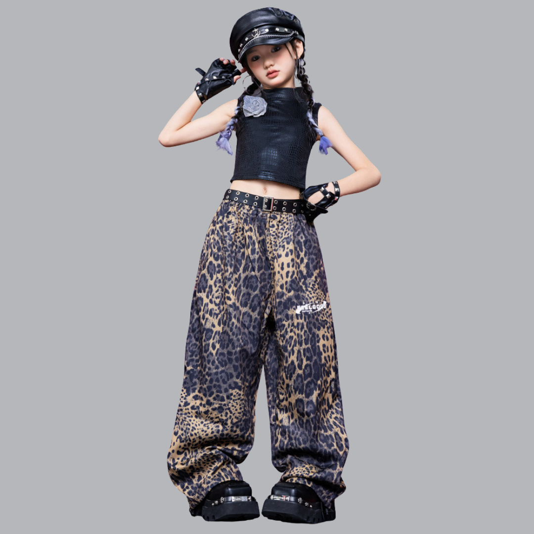 Friendly4kid ชุดเต้น เด็กผู้หญิง เซ็ตเสื้อลายเสือ+กางเกงแนวสตรีทลุคฮิปฮอป**เปิดจอง
