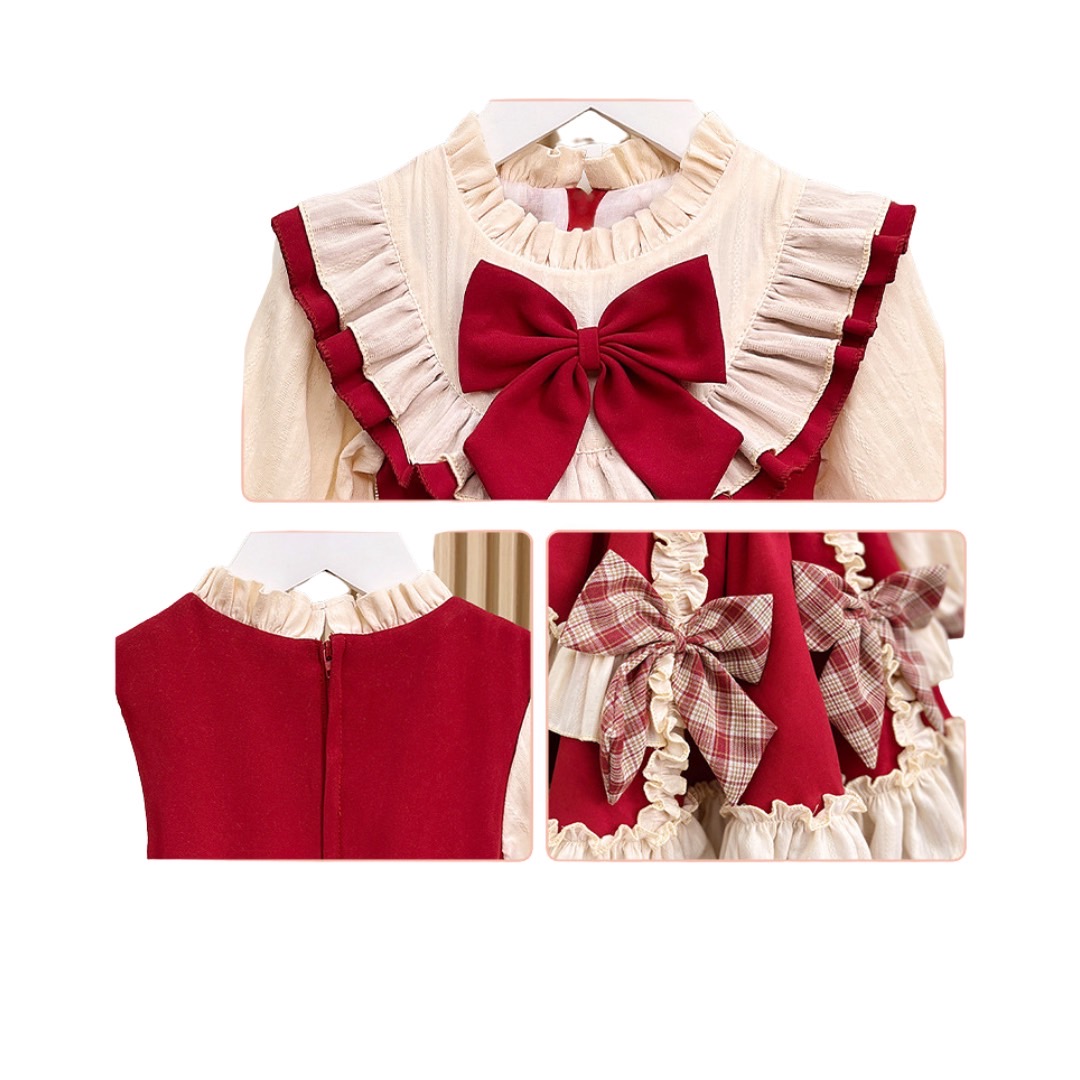 friendly4kid พร้อมส่ง ชุดคริสมาสต์ เดรสแขนยาวกระโปรงระบายแต่งติดโบว์