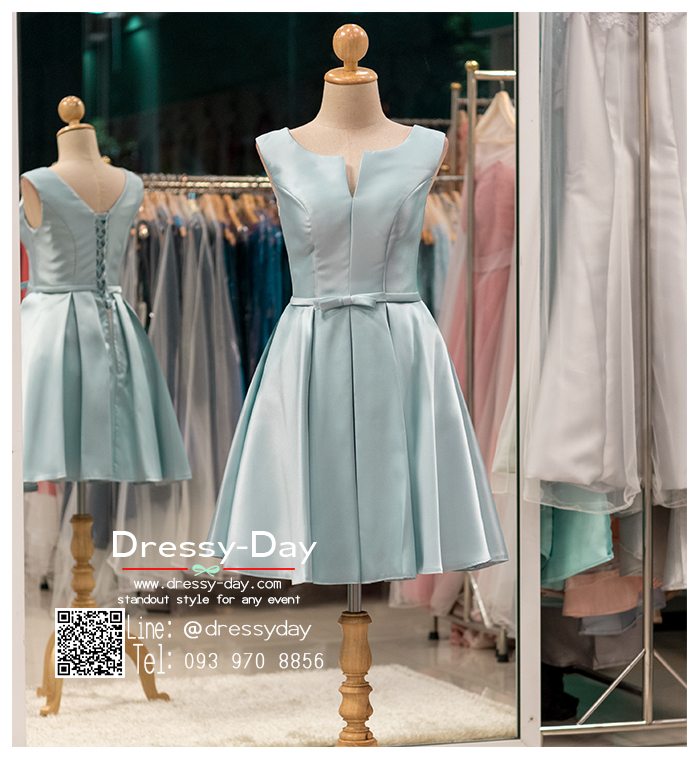 รหัส ชุดราตรีสั้น : BB051 ชุดแซก ชุดราตรี สีฟ้า ผ้าไหม แขนกุด เรียบหรูเหมาะใส่ออกงานกลางคืน งานคอกเทล