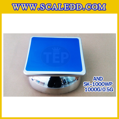 เครื่องชั่งน้ำหนักดิจิตอล1000กรัม เครื่องชั่งกันน้ำ1000g เครื่องชั่งดิจิตอล1000กรัม ตาชั่งกันน้ำ1000กรัม พิกัดน้ำหนัก 1000g ความละเอียด 0.5g ยี่ห้อ AND รุ่น SK-WP (เครื่องชั่งผ่านตรวจรับรองจากสำนักชั่งตวงวัด)
