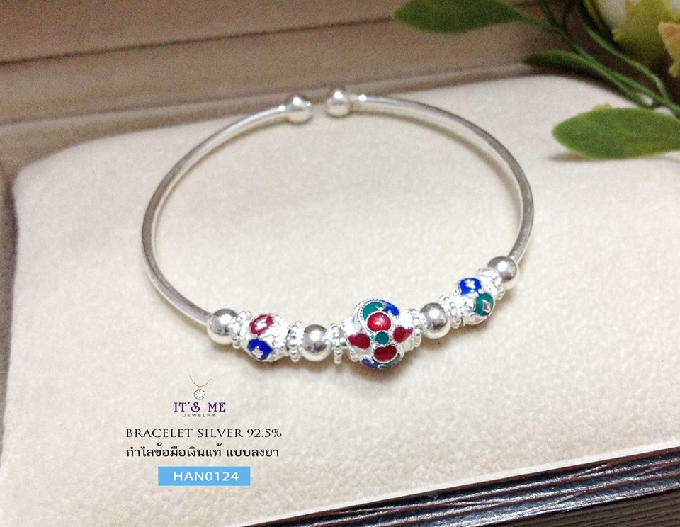 กำไลข้อมือเงินแท้ ลงยาลายไทย- ดอกพิกุล (กำไลสามารถขยายได้) แบบกำไล น่ารักนะคะ