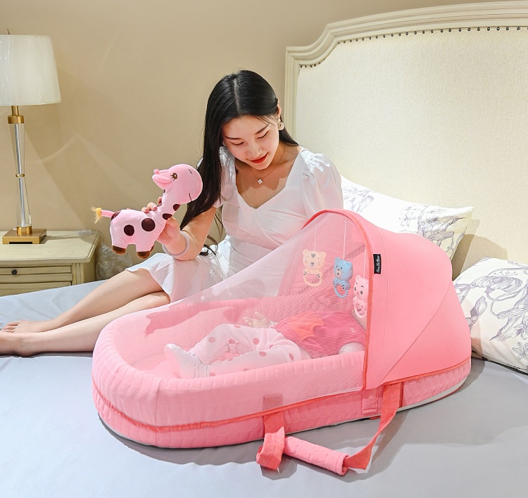 เบาะนอนเด็กพร้อมมุ้ง แบบกระเป๋าพกพา สีชมพู/สีฟ้า