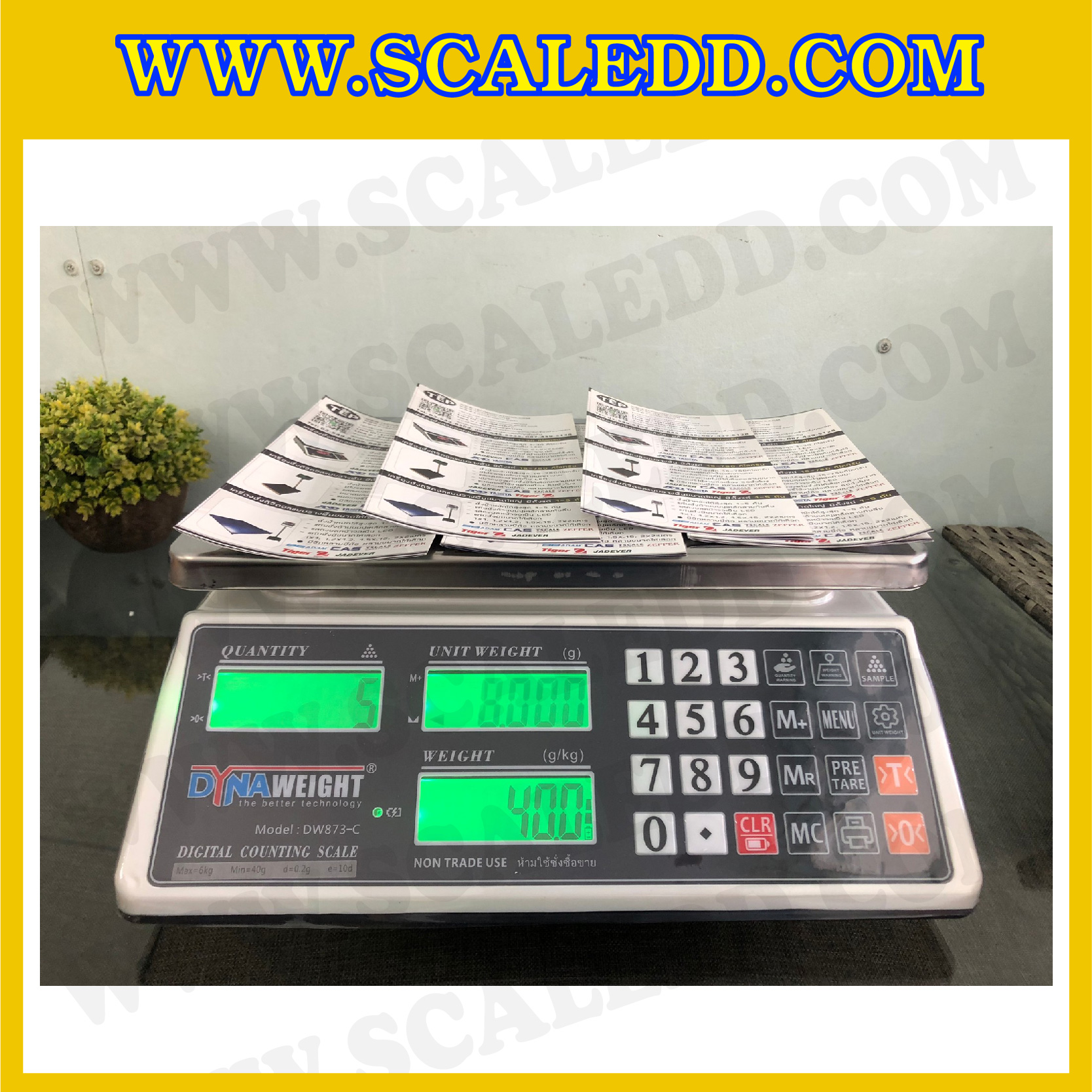 เครื่องชั่งดิจิตอลนับชิ้นงาน 6Kg x 0.2g เครื่องชั่งดิจิตอลนับชิ้นงาน 6kg เครื่องชั่งตั้งโต๊ะนับชิ้นงาน พิกัดน้ำหนัก 6kg ค่าละเอียด 0.2g ยี่ห้อ Dynaweight รุ่น DW873-C