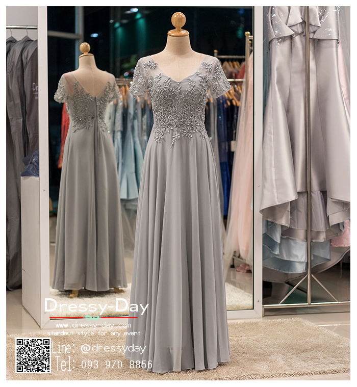 รหัส ชุดเจ้าภาพ : PFL038 ชุดราตรีแม่เจ้าสาว แม่เจ้าบ่าวทรงปล่อย สวย หรูหราทันสมัย