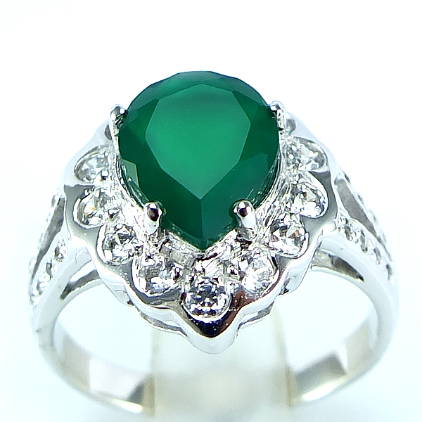 แหวนเงินแท้ราคาถูกชุบทองคำขาว พลอยแท้กรีนอะเกท 2.10 กะรัต เพชรCZ 0.437 กะรัต งานประณีตสวยงาม สั่งผลิตค่ะ