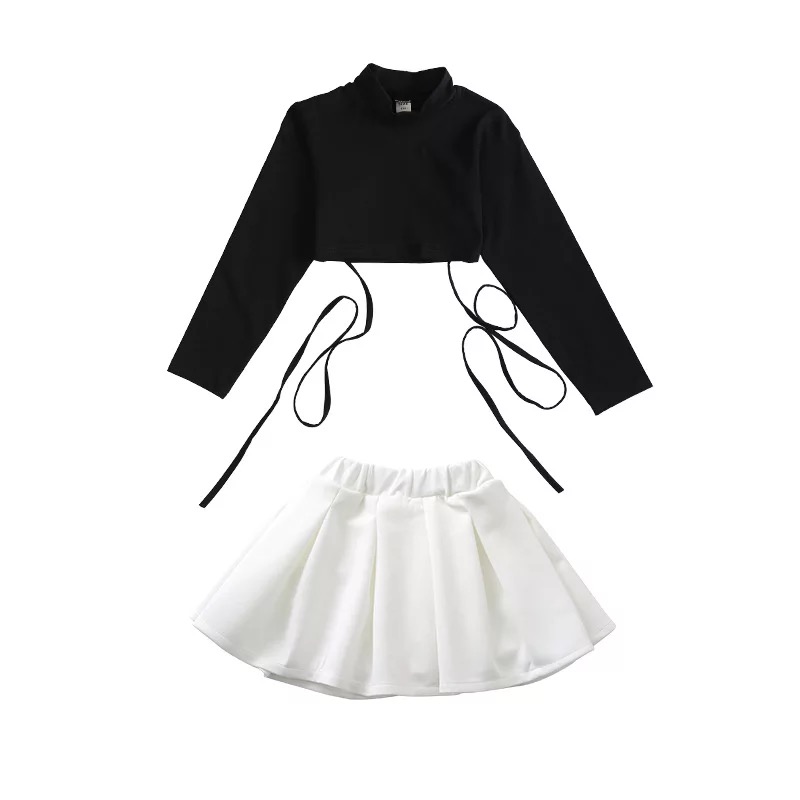 ชุดเต้น ชุดแดนซ์ เสื้อผูกเอว แขนยาว+กระโปรงสั้นสีขาว