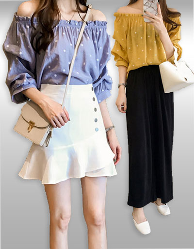 เสื้อแฟชั่นลายจุดไหล่แต่งยางยืดมี 2สี รหัส2053