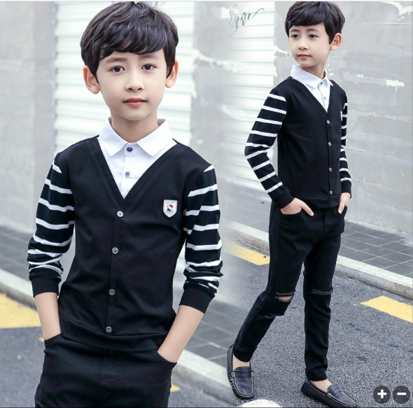 สินค้าพร้อมส่ง เสื้อแขนยาว เสื้อเชิ๊ตเด็ก ตัดต่อคอปก