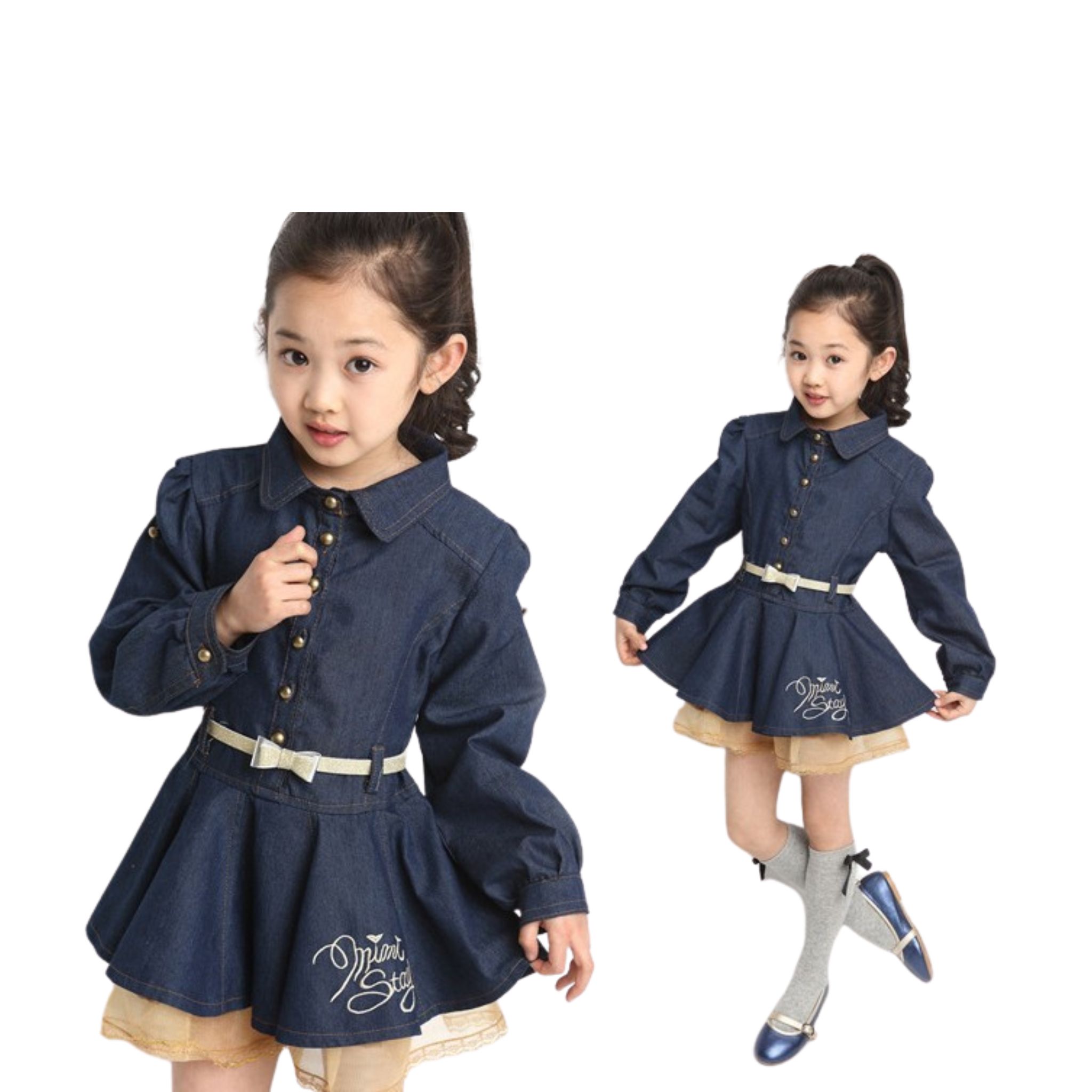 พร้อมส่ง ชุดเด็ก ชุดเซ็ต เดรสแขนยาว+เอี้ยมยีนส์ เอี๊ยมเด็ก