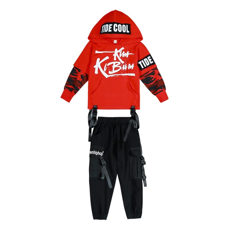 ชุดเต้น ชุดฮิปฮอป เสื้อสีแดง+กางเกงวอร์มสีขาว/ดำ อักษรจีน+ที่คาดหัว