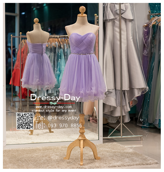 รหัส ชุดราตรี : JE016 ชุดราตรีสั้นเกาะอกสีม่วง ชุดไปงานแต่งงานประดับเพรชที่เอวสวยๆ เหมาะใส่งานแต่งงาน ชุดออกงาน งานหมั้น งานกลางวัน กลางคืน