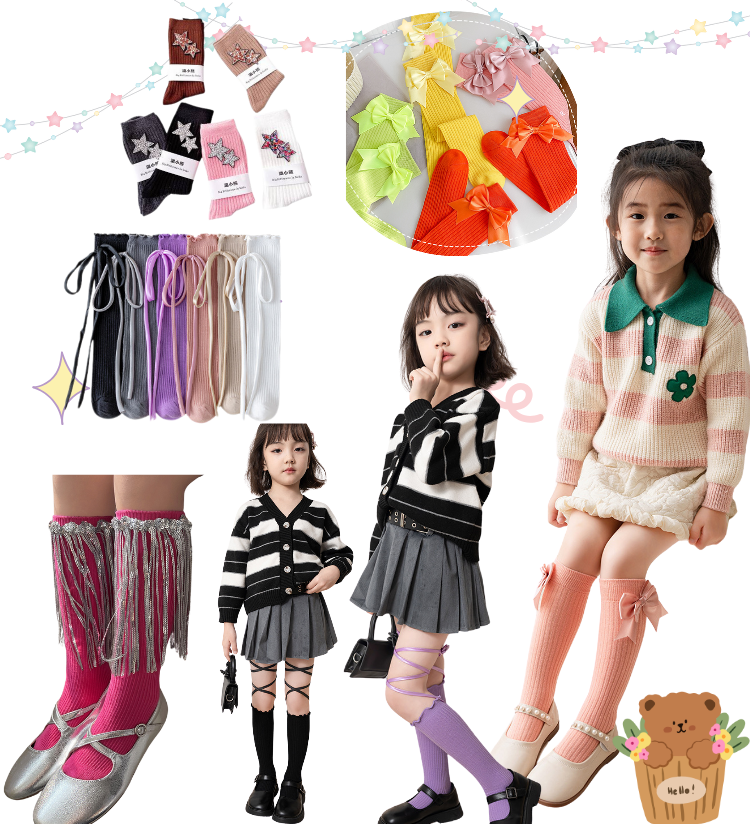 พร้อมส่ง ถุงเท้ายาว ตกแต่งด้วยดาว ปักเพชรเงิน สายห้อย