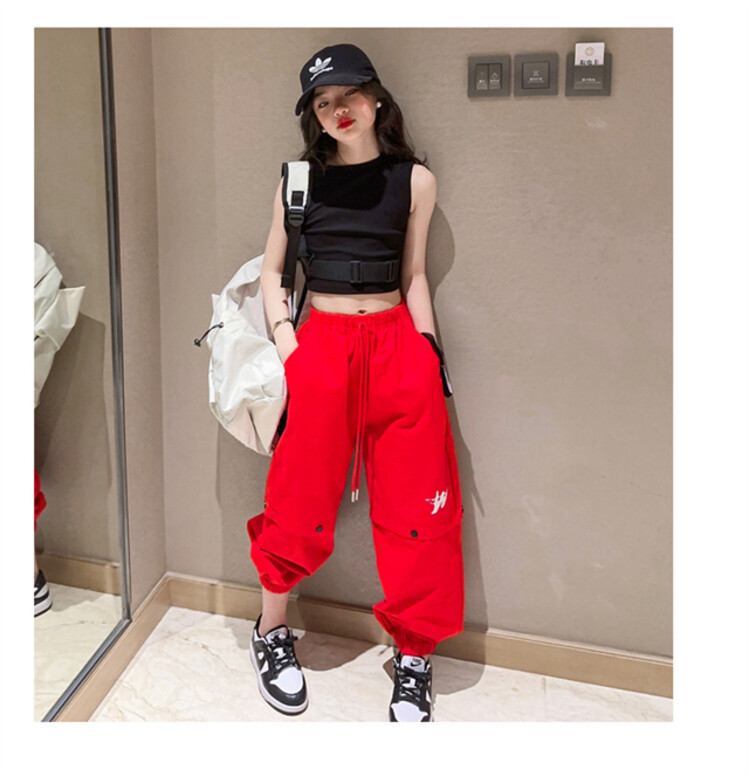 ชุดเต้น ชุดแดนซ์ เสื้อสีดำ+กางเกงขายาวสีแดง