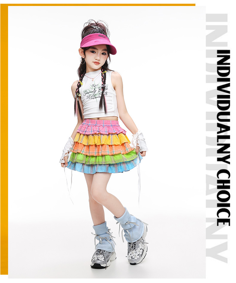 สินค้าพร้อมส่ง ***ชุดเต้น แขนกุดสีขาว+ปลอกแชย+กระโปรงระบายชั้นสีรุ้ง